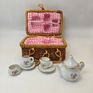 Delton Miniature Porcelain Tea Set Basket Floral China Dollhouse
